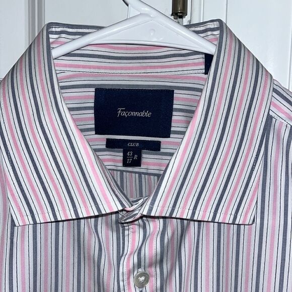 Pink Gray Stripe Faconnable Mens LS Club Chest Pocket Dress shirt 17 x 31 43euro - Picture 1 of 5